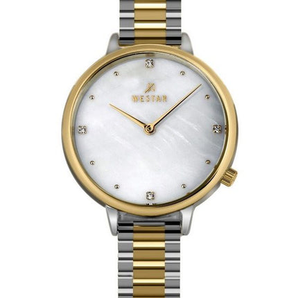 Montre pour femme Westar Zing Crystal Accents en acier inoxydable bicolore avec cadran en nacre blanche à quartz 00135CBN111