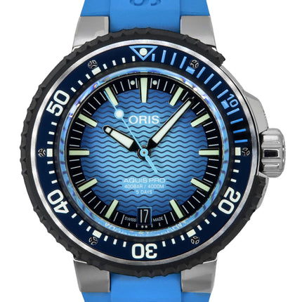 Montre de plongée automatique Oris Aquis Pro pour homme, bracelet en caoutchouc, cadran bleu, 01-400-7777-7155-Set, 4 000 m