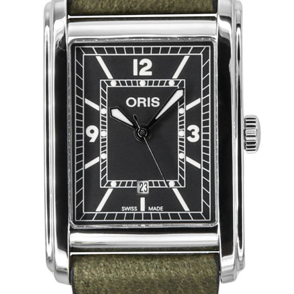 Montre homme Oris rectangulaire, bracelet cuir, cadran vert, automatique, 01-561-7783-4063-07-5-19-16