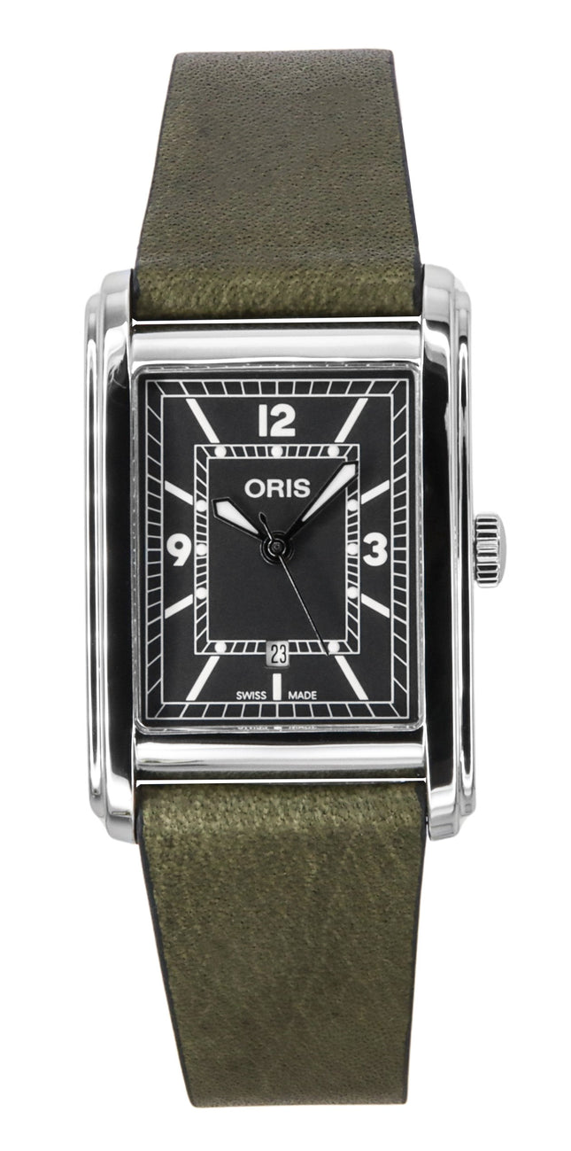 Montre homme Oris rectangulaire, bracelet cuir, cadran vert, automatique, 01-561-7783-4063-07-5-19-16