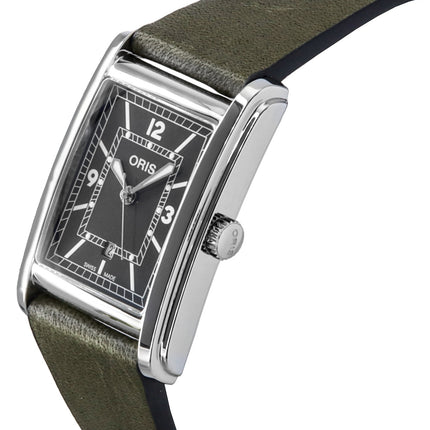 Montre homme Oris rectangulaire, bracelet cuir, cadran vert, automatique, 01-561-7783-4063-07-5-19-16