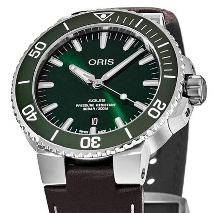 Montre pour homme Oris Aquis Date bracelet en cuir cadran vert automatique 01 733 7732 4157-07 5 21 10FC 300M