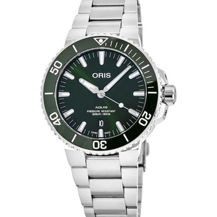 Montre de plongée automatique Oris Aquis en acier inoxydable avec cadran vert 01 733 7766 4157-07 8 22 05PEB 300M pour homme