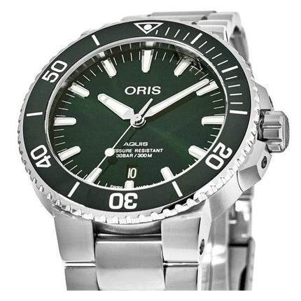 Montre de plongée automatique Oris Aquis en acier inoxydable avec cadran vert 01 733 7766 4157-07 8 22 05PEB 300M pour homme