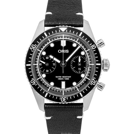 Montre homme Oris Divers Sixty-Five chronographe bracelet cuir cadran noir automatique 01-771-7791-4054-07-6-20-01 100 m