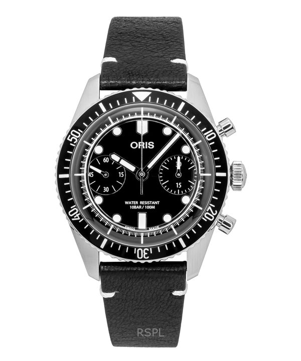 Montre homme Oris Divers Sixty-Five chronographe bracelet cuir cadran noir automatique 01-771-7791-4054-07-6-20-01 100 m