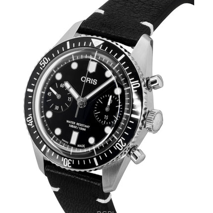 Montre homme Oris Divers Sixty-Five chronographe bracelet cuir cadran noir automatique 01-771-7791-4054-07-6-20-01 100 m