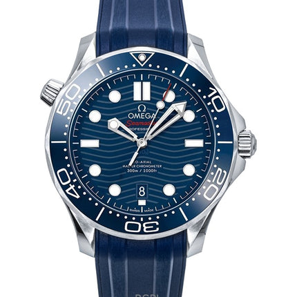 Montre de plongée automatique Omega Seamaster pour homme, bracelet en caoutchouc, cadran bleu, 210.32.42.20.03.001, 300 m
