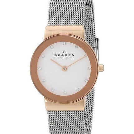 Skagen Freja cadran blanc Swarovski inoxydable Montre en acier de maille Bracelet 358SRSC femmes