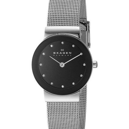 Skagen Freja cadran noir Swarovski inoxydable Montre en acier de maille Bracelet 358SSSBD femmes