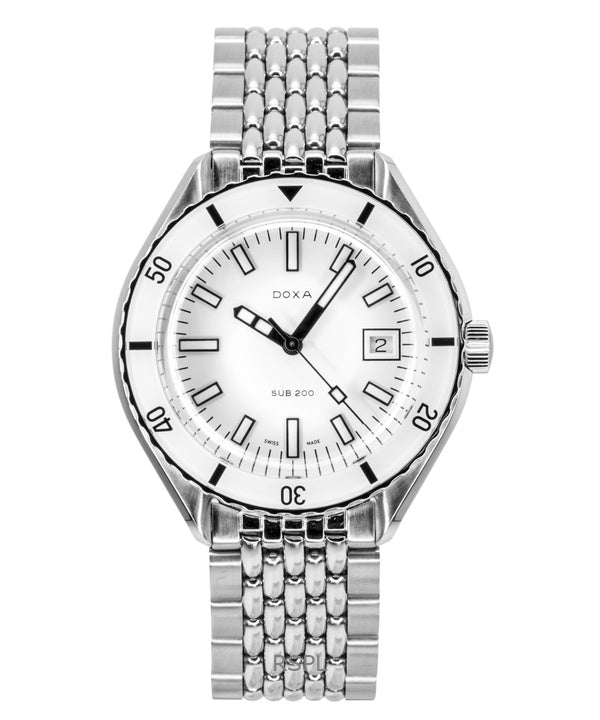 Montre homme Doxa SUB 200 Whitepearl, boîtier en acier inoxydable, cadran blanc, mouvement automatique, étanche à 200 m, référence 799.10.011.10