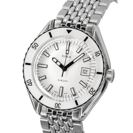 Montre homme Doxa SUB 200 Whitepearl, boîtier en acier inoxydable, cadran blanc, mouvement automatique, étanche à 200 m, référence 799.10.011.10