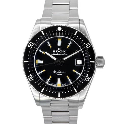 Montre pour homme Edox Skydiver 38 Date en acier inoxydable avec cadran noir automatique 801313NMNIB 300M fabriquée en Suisse