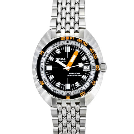 Montre homme Doxa SUB 200T Sharkhunter en acier inoxydable, cadran noir, mouvement automatique, étanche à 200 m (réf. 804.10.101.10).