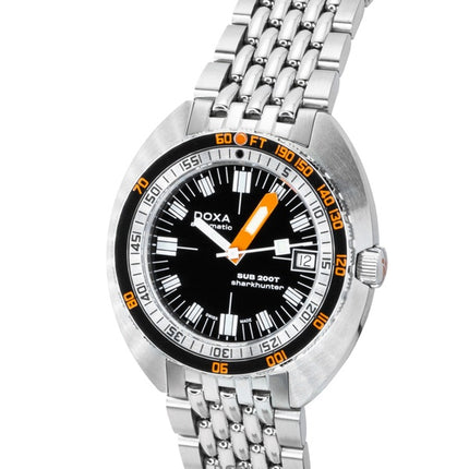 Montre homme Doxa SUB 200T Sharkhunter en acier inoxydable, cadran noir, mouvement automatique, étanche à 200 m (réf. 804.10.101.10).