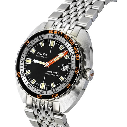 Montre de plongée automatique Doxa SUB 300T Sharkhunter en acier inoxydable, cadran noir, 840.10.101.10, 1 200 m, pour homme, avec bracelet supplémentaire