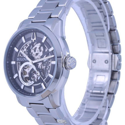 Montre homme Bulova Classic Skeleton, cadran noir, acier inoxydable, automatique, référence 96A208, remise à neuf