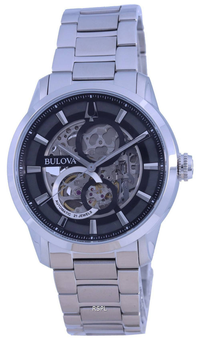 Montre homme Bulova Classic Skeleton, cadran noir, acier inoxydable, automatique, référence 96A208, remise à neuf