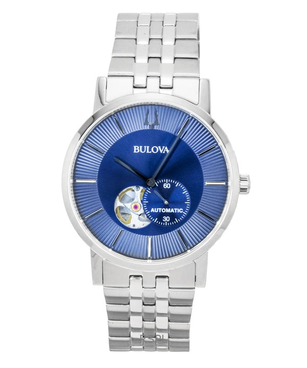 Montre homme Bulova American Clipper 96A247, en acier inoxydable, cadran bleu, automatique, avec cœur ouvert.