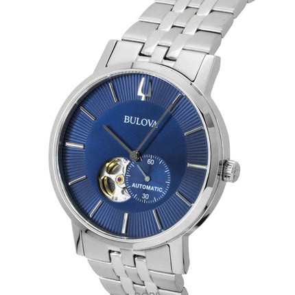 Montre homme Bulova American Clipper 96A247, en acier inoxydable, cadran bleu, automatique, avec cœur ouvert.