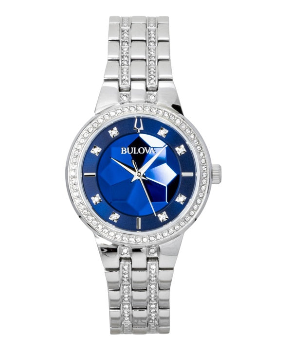 Montre femme Bulova Phantom Crystal en acier inoxydable, cadran bleu, mouvement à quartz 96L276