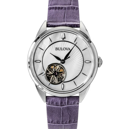 Montre automatique pour femme Bulova Sutton, bracelet en cuir, cadran en nacre, cœur ouvert, 96L339