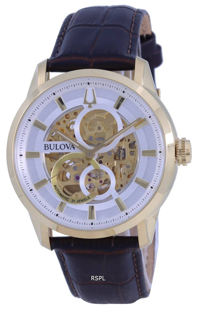 Montre homme Bulova Classic Sutton Skeleton, cadran blanc, bracelet cuir, automatique 97A138, remise à neuf
