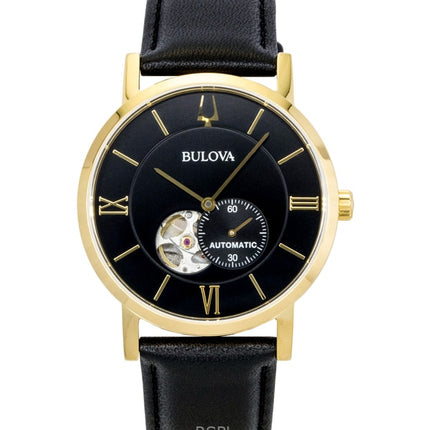 Montre homme Bulova American Clipper, bracelet cuir, cadran noir, automatique, référence 97A154