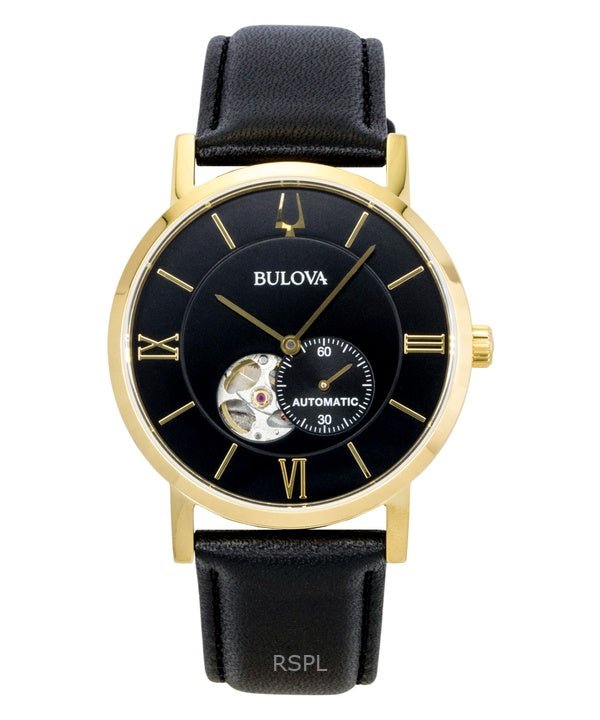 Montre homme Bulova American Clipper, bracelet cuir, cadran noir, automatique, référence 97A154