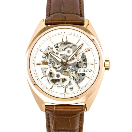 Montre homme Bulova Surveyor, bracelet en cuir, cadran squelette argenté, automatique 97A175