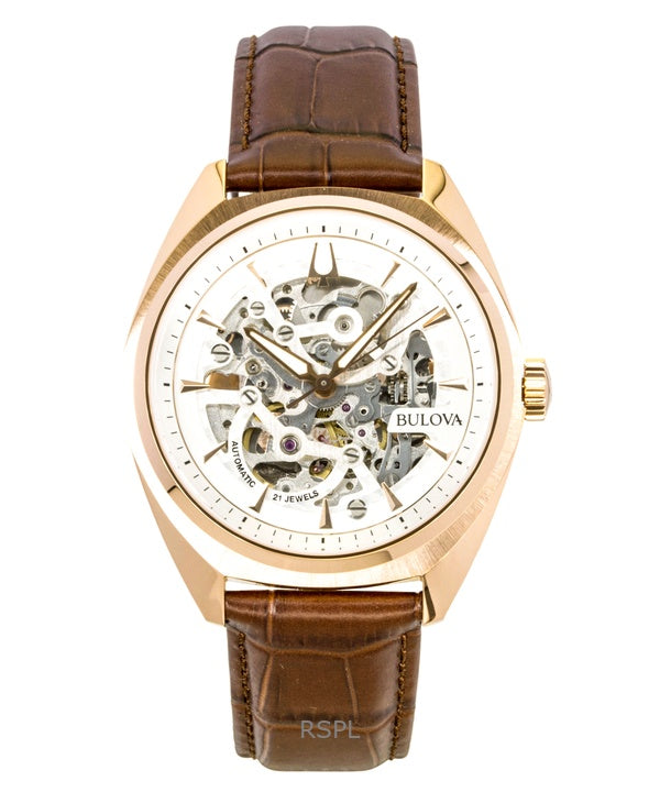 Montre homme Bulova Surveyor, bracelet en cuir, cadran squelette argenté, automatique 97A175