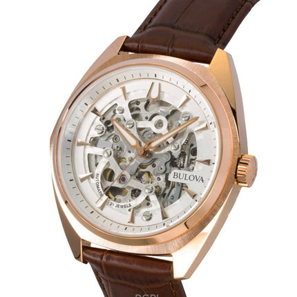 Montre homme Bulova Surveyor, bracelet en cuir, cadran squelette argenté, automatique 97A175