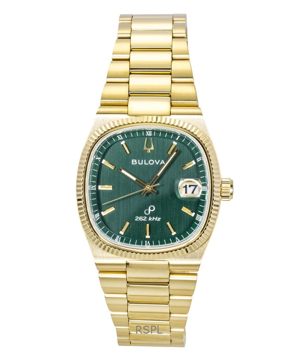 Montre homme Bulova Super Seville en acier inoxydable doré, cadran vert, mouvement à quartz 97B237