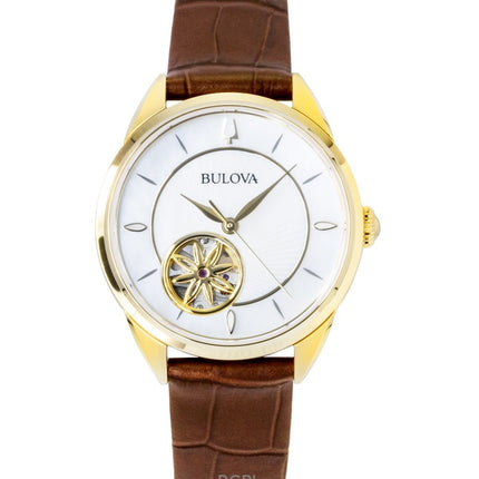 Montre automatique pour femme Bulova Sutton, bracelet en cuir, cadran en nacre, cœur ouvert, 97L179
