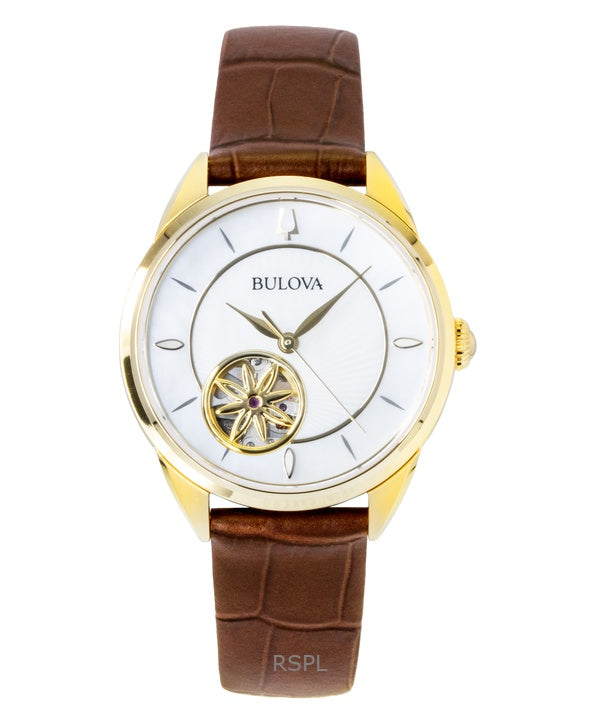 Montre automatique pour femme Bulova Sutton, bracelet en cuir, cadran en nacre, cœur ouvert, 97L179