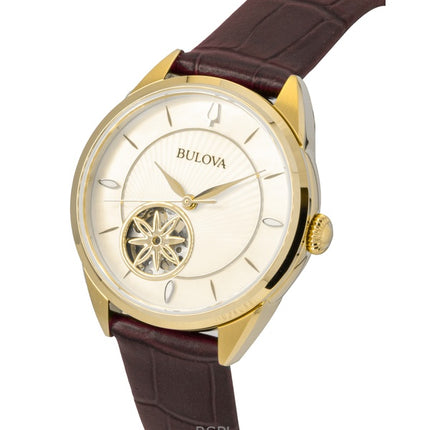 Montre automatique pour femme Bulova Sutton, bracelet en cuir, cadran en nacre, cœur ouvert, 97L179