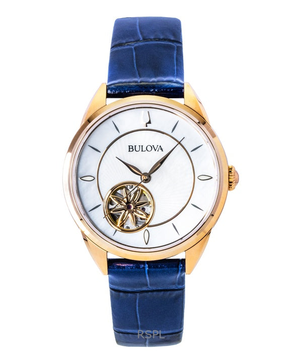 Montre automatique pour femme Bulova Sutton, bracelet en cuir, cadran en nacre, cœur ouvert, 97L180