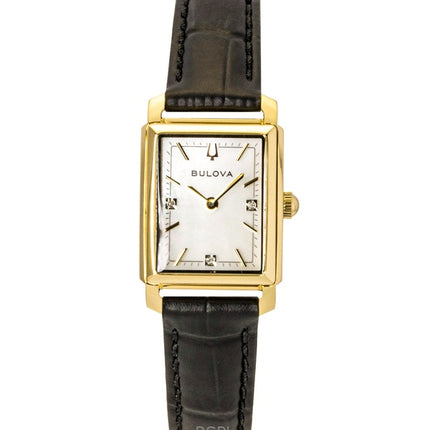 Montre femme Bulova Sutton 97P166, bracelet en cuir, cadran en nacre et diamants, mouvement à quartz.