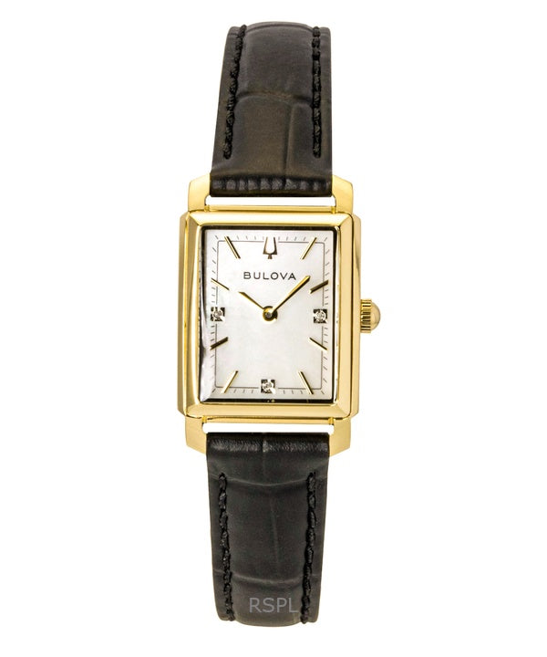 Montre femme Bulova Sutton 97P166, bracelet en cuir, cadran en nacre et diamants, mouvement à quartz.