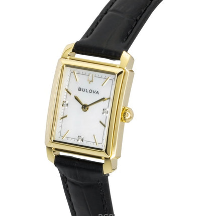 Montre femme Bulova Sutton 97P166, bracelet en cuir, cadran en nacre et diamants, mouvement à quartz.