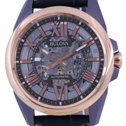 Montre pour homme Bulova Classic Skeleton Silver Dial Bracelet en cuir automatique 98A165 100M