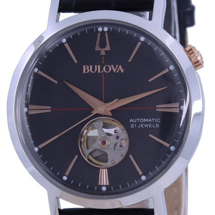 Montre homme Bulova Classic Open Heart, cadran gris, bracelet en cuir, automatique 98A187, remise à neuf