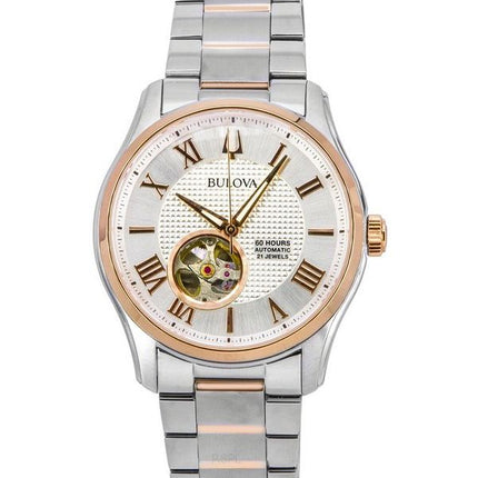 Bulova Wilton Classic Two Tone Acier Inoxydable Coeur Ouvert Cadran Argent Automatique 98A213 100M Montre Homme
