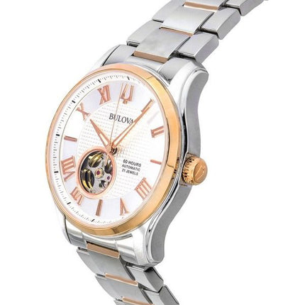 Bulova Wilton Classic Two Tone Acier Inoxydable Coeur Ouvert Cadran Argent Automatique 98A213 100M Montre Homme