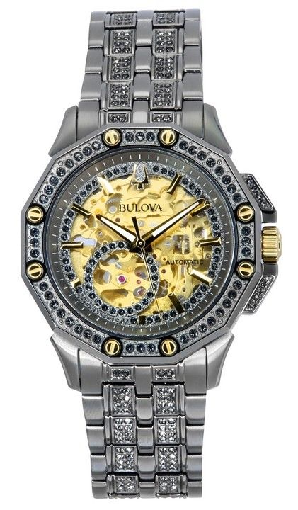Montre Bulova Octava Crystal Accents en acier inoxydable avec cadran doré et automatique 98A293 pour homme
