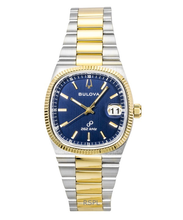 Montre homme Bulova Super Seville bicolore en acier inoxydable, cadran bleu, mouvement à quartz 98B462
