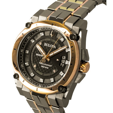 Montre homme Bulova Precisionist Diamond, cadran noir, boîtier en acier inoxydable, mouvement à quartz, étanche à 300 m (référence 98D149).