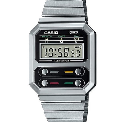 Montre pour homme Casio Vintage Digital en acier inoxydable A100WE-1A A100WE-1
