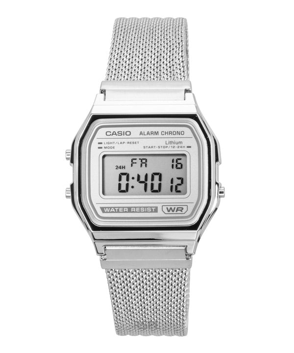 Montre Casio Vintage Digital unisexe à quartz avec bracelet en maille d'acier inoxydable A158WEM-7