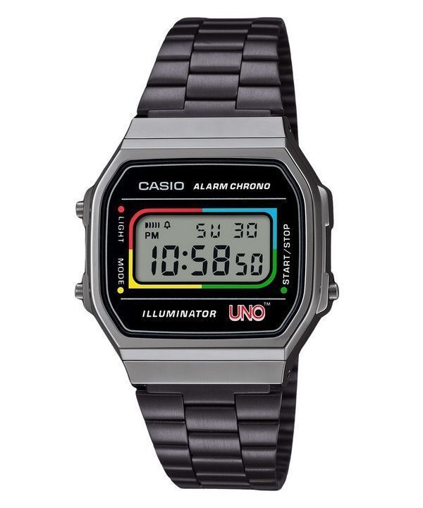 Casio Vintage Digital UNO Collaboration Modèle Bracelet en acier inoxydable Quartz A168WEUC-1A Montre unisexe